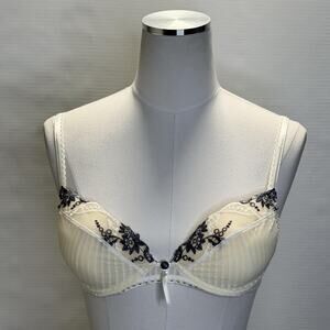 Aubade Paris Bra Womens 32C Ivory Blue Lace Underwire Padded Embroidered Push Up